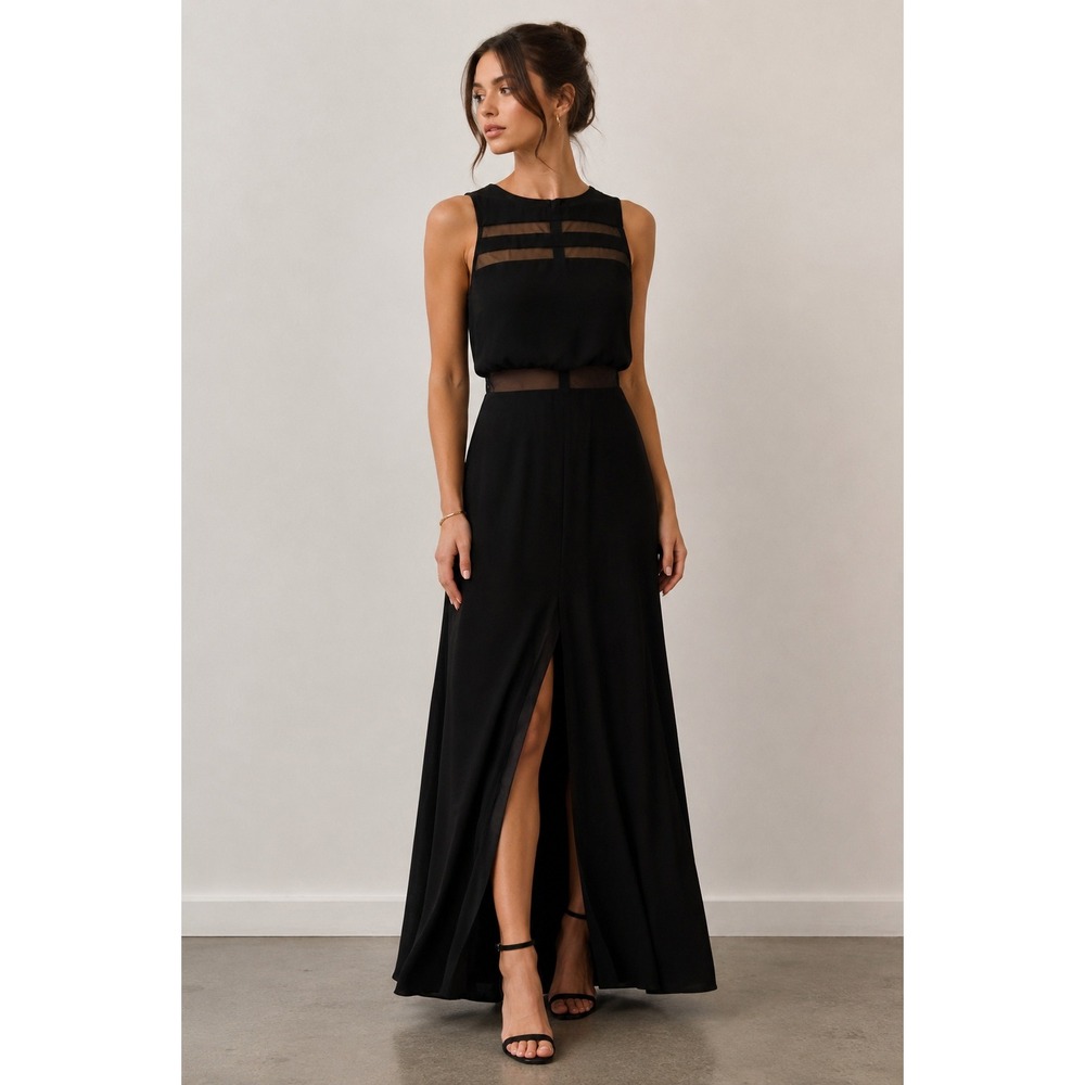 NW Nightway Womens Black Maxi Y2K Evening Dress Gown 6 Sheer Panels Whimsigoth